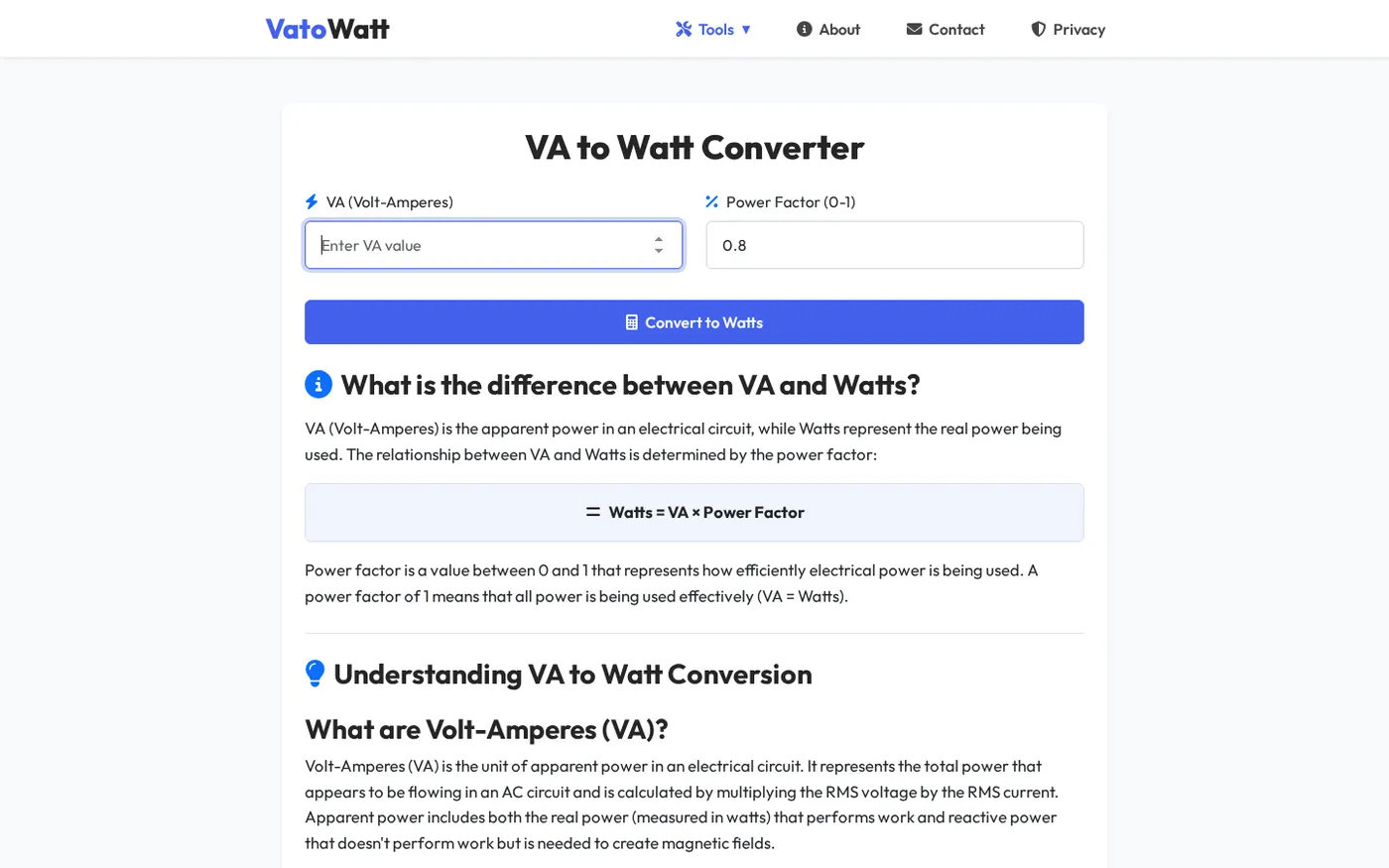 VatoWatt's VA to Watt Converter with the VA input and 0.8 power-factor field visible.