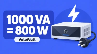 A blue illustration shows a home inverter, plug and the formula 1000 VA = 800 W.
