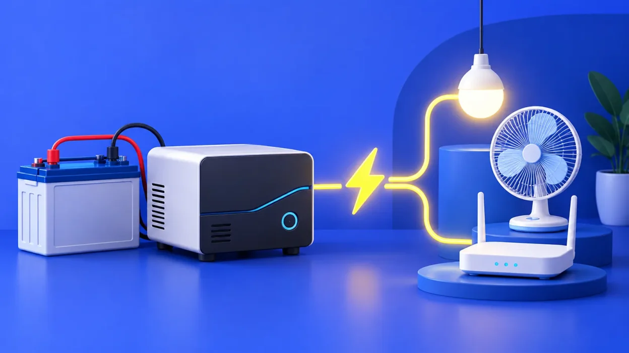 A home inverter and battery send power through a lightning bolt to a bulb, fan and Wi-Fi router.