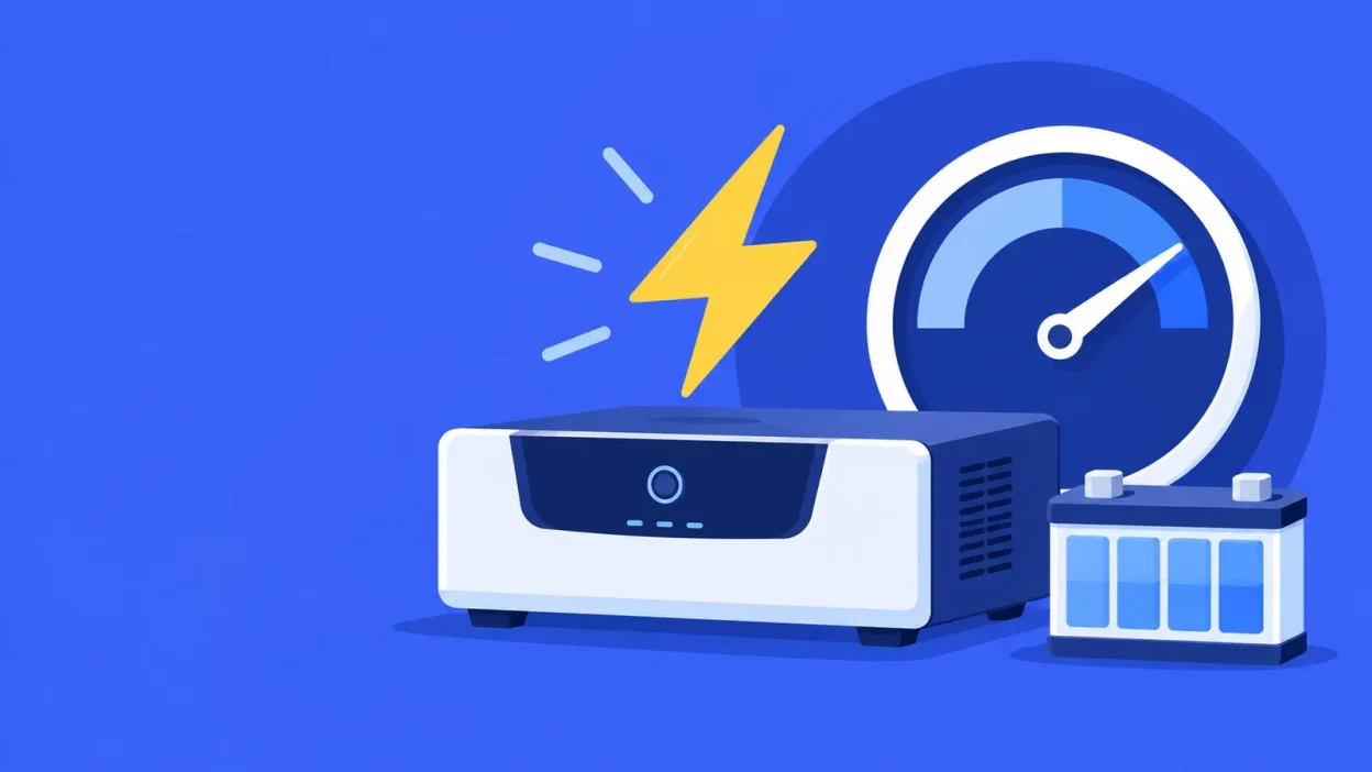 A blue illustration shows a home inverter, battery, lightning bolt and power gauge.