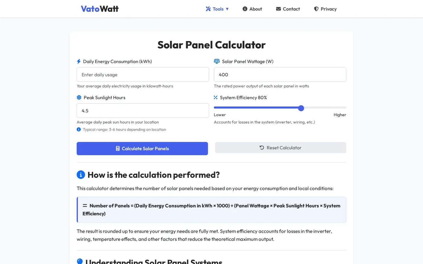 Solar Panel Calculator showing the 400 W panel input, 4.5 peak sun hours and 80% system efficiency.