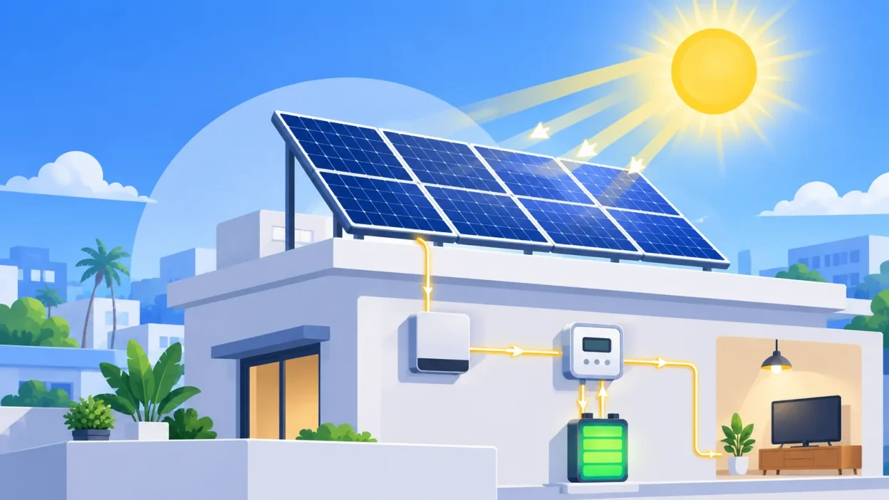 Illustration of rooftop solar panels sending sunlight into a home electricity system.