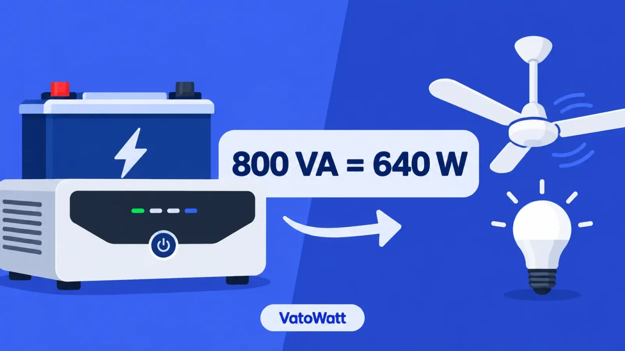 An illustration showing an 800 VA inverter conversion to 640 watts beside a battery and home appliances.