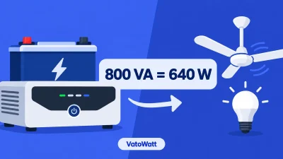 An illustration showing an 800 VA inverter conversion to 640 watts beside a battery and home appliances.