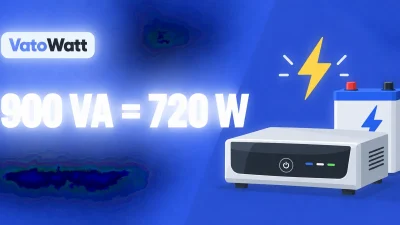 A blue illustration shows a 900 VA inverter beside the formula 900 VA = 720 W.