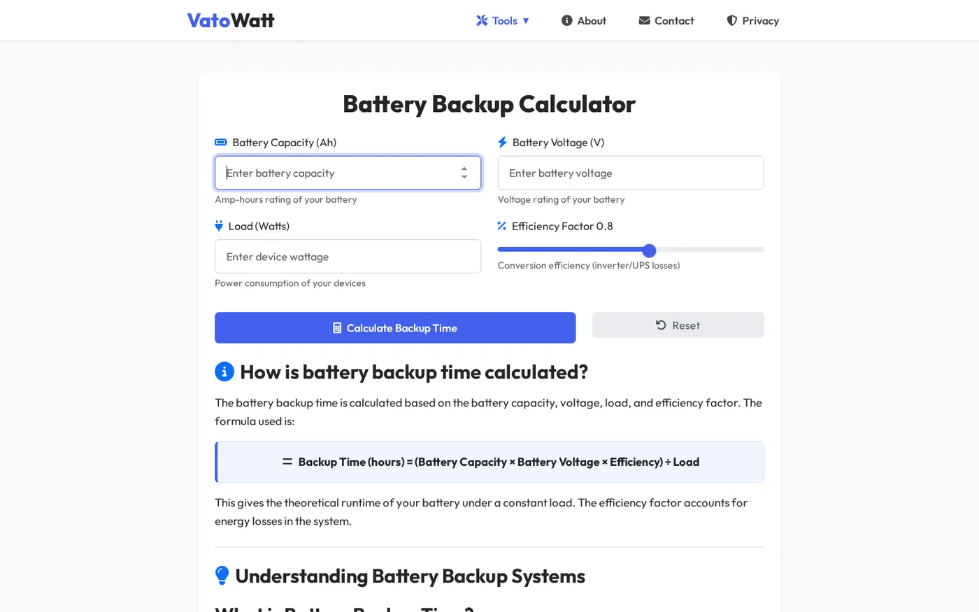 The calculator result for a 150 Ah, 12 V battery and 300 W load.