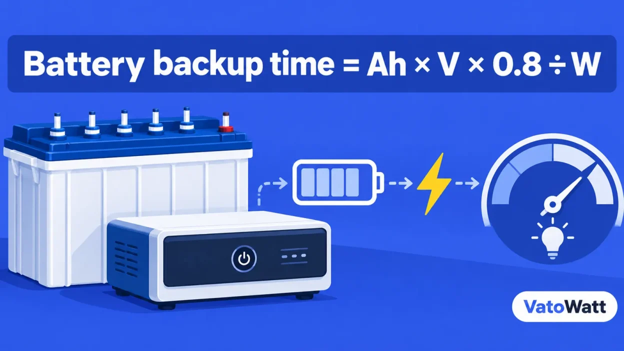 A blue illustration of a battery, inverter and gauge representing the battery backup time formula.