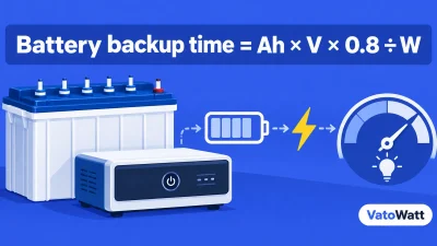 A blue illustration of a battery, inverter and gauge representing the battery backup time formula.