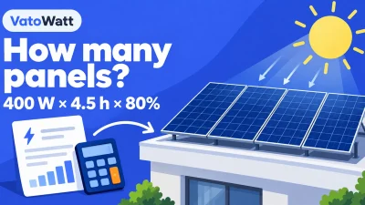 Blue illustration showing rooftop solar panels, a sun and an electricity bill calculation.