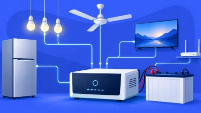 A blue illustration of a home inverter, battery, refrigerator, fan, lights and television.