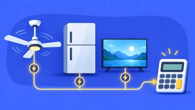 A blue illustration showing home appliances, electricity units and a rupee cost calculation.