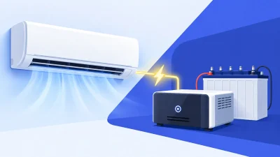 An illustration of a split air conditioner connected to a home inverter and battery bank.