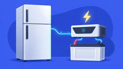 An illustration of a refrigerator connected to a home inverter and battery during a power cut.
