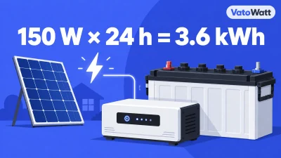 Illustration of a home inverter, battery bank and solar panel for 24-hour backup.