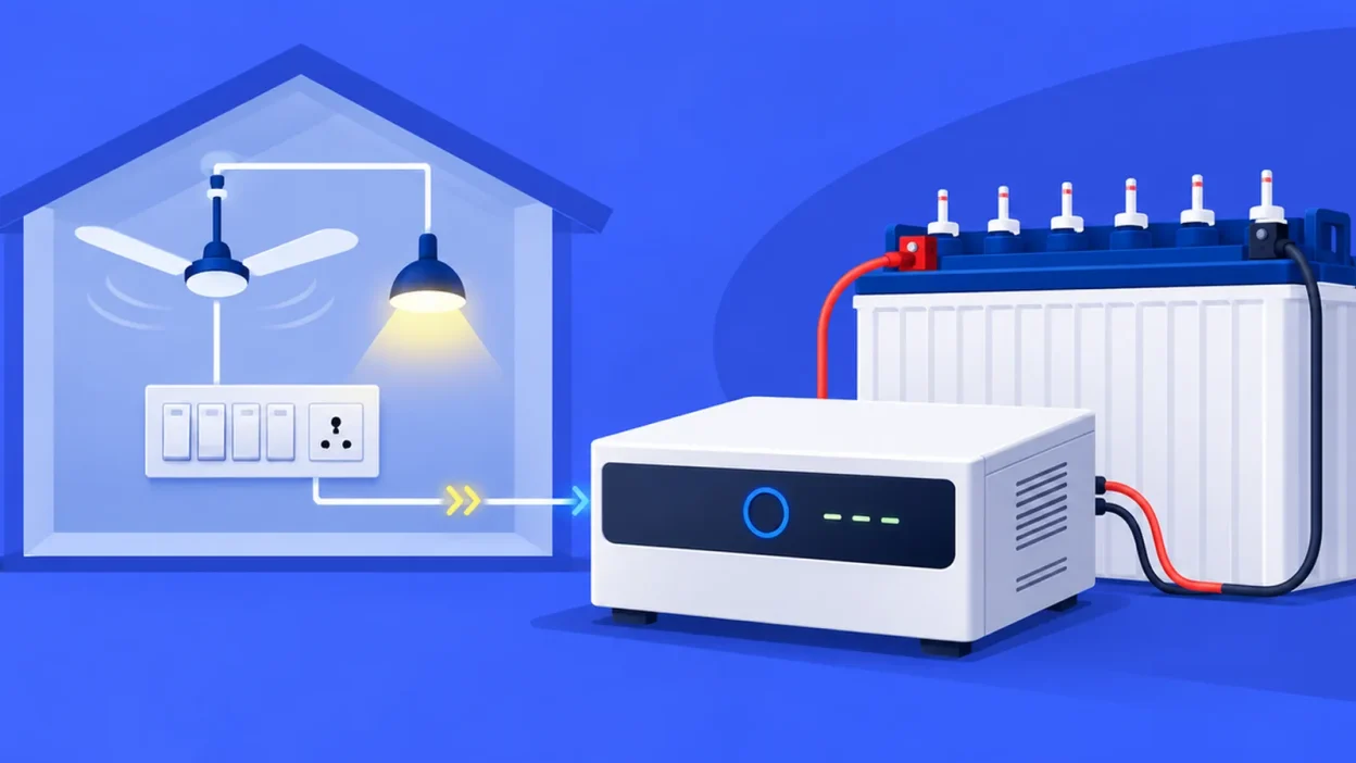 An illustrated home load panel connected to an inverter and battery.