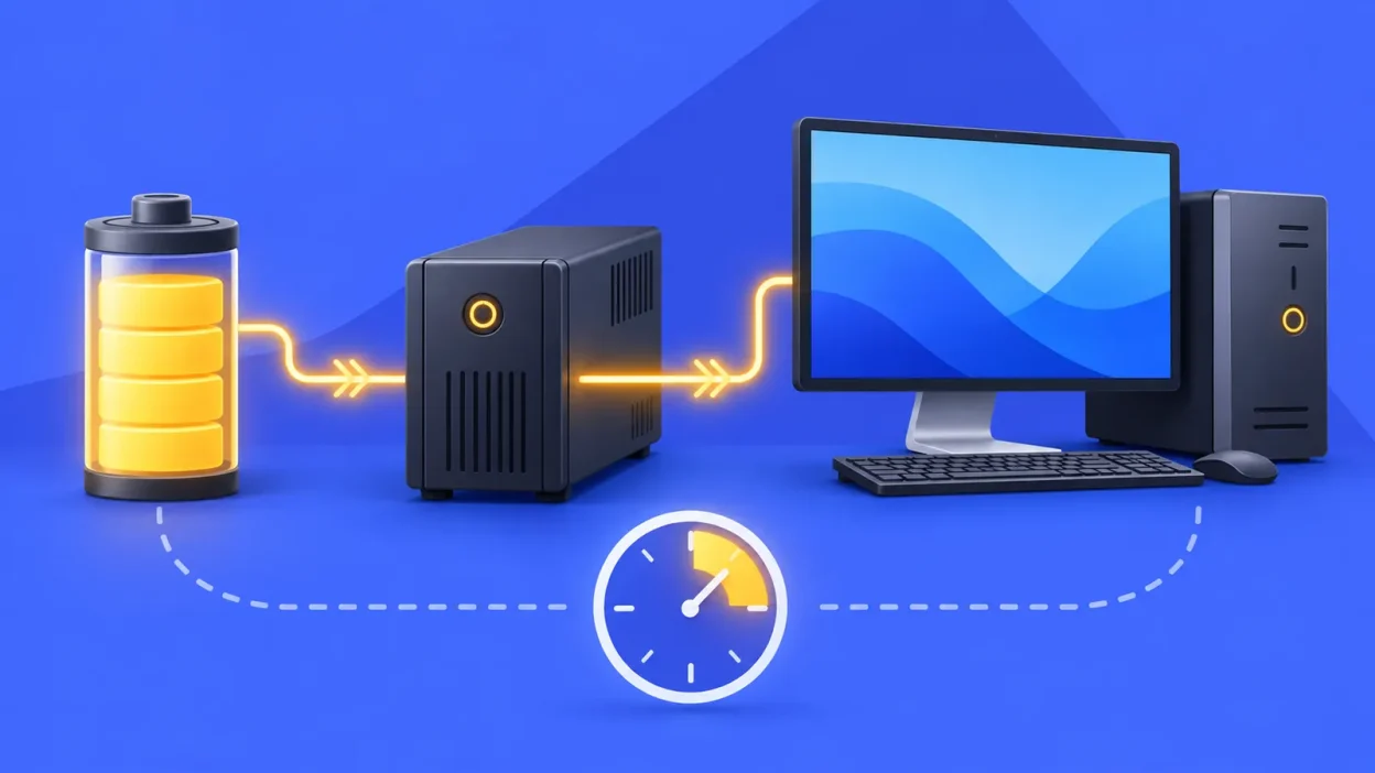 Blue illustration of a battery sending backup power through a UPS to a desktop computer with a clock.