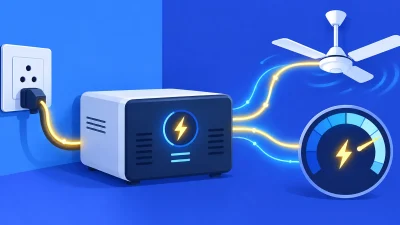 A blue illustration of an inverter sending electricity to a ceiling fan beside a power gauge.