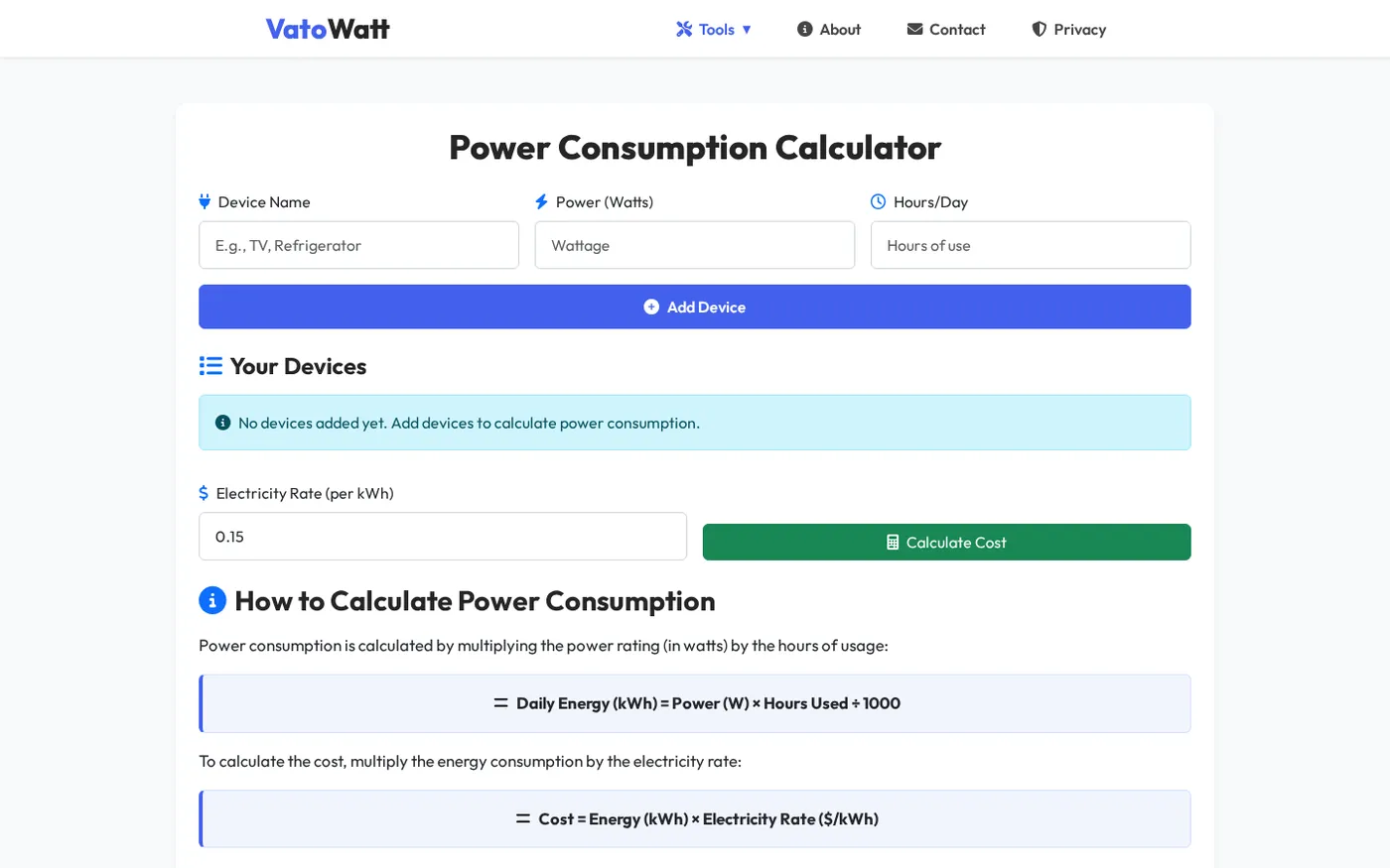 Enter appliance watts and hours to see daily and monthly kWh.