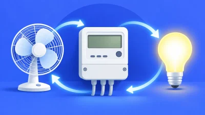 A white electricity meter sits between a fan and a glowing light bulb on a blue background.